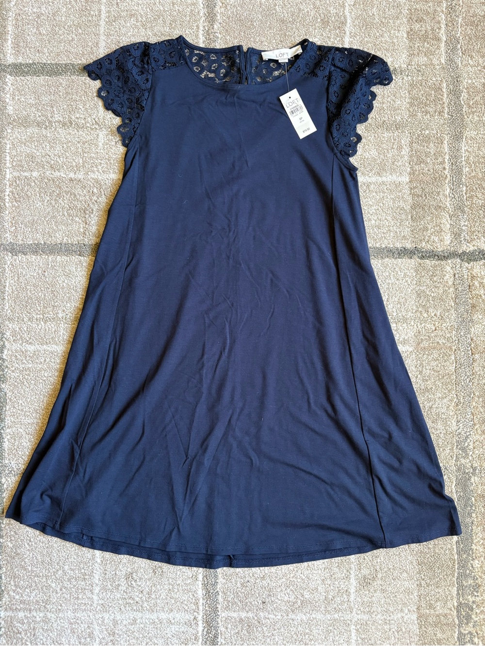 LOFT Navy Lace Yoke Short Sleeve Dress